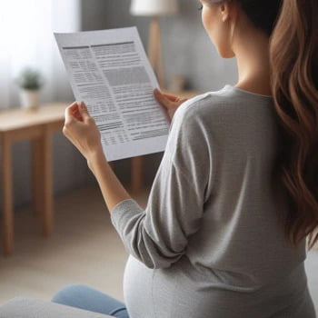 Pregnant woman reading a paper and reflection about the choices